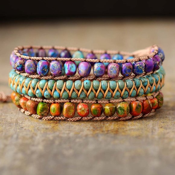 Handmade Jewelry - Sea Sediment Bohemian 3 Strand Colorful Boho Handmade Wrap Healing Yoga Bracelet